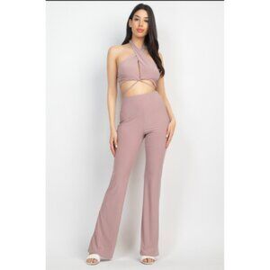 Women's Solid Halter Top And Elastic Leggings Set